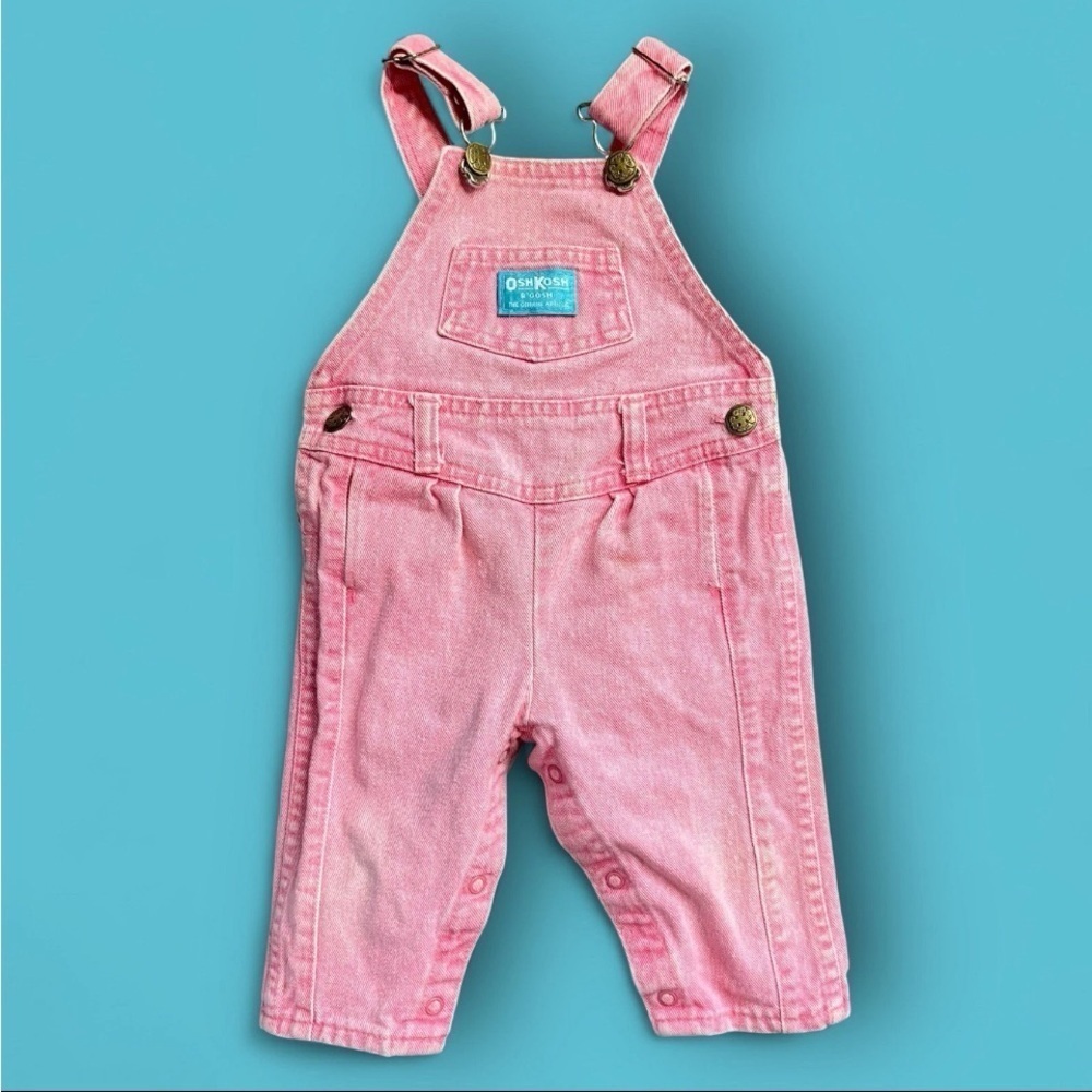 Vtg Osh Kosh B'Gosh Overalls Sz 12mon Vestback Pink Acid Wash Pleated Bibs READ
